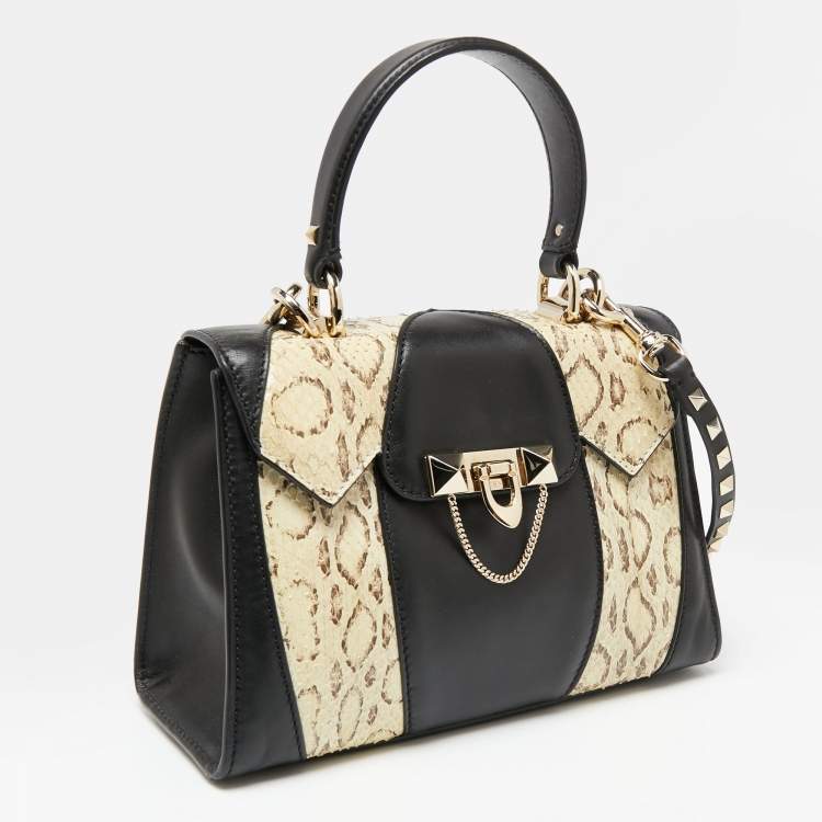 Pre Owned Valentino Black/Beige Leather and Water Snakeskin Flap Top Handle Bag