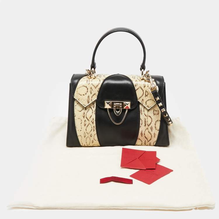 Pre Owned Valentino Black/Beige Leather and Water Snakeskin Flap Top Handle Bag