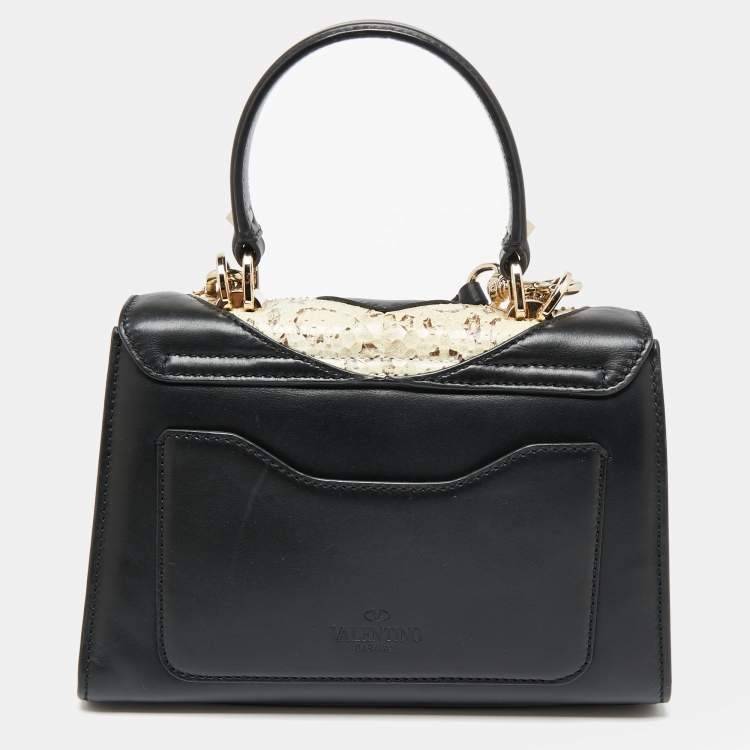 Pre Owned Valentino Black/Beige Leather and Water Snakeskin Flap Top Handle Bag