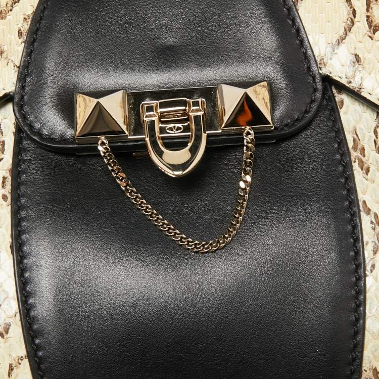 Pre Owned Valentino Black/Beige Leather and Water Snakeskin Flap Top Handle Bag