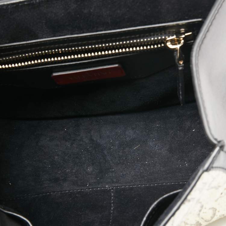Pre Owned Valentino Black/Beige Leather and Water Snakeskin Flap Top Handle Bag