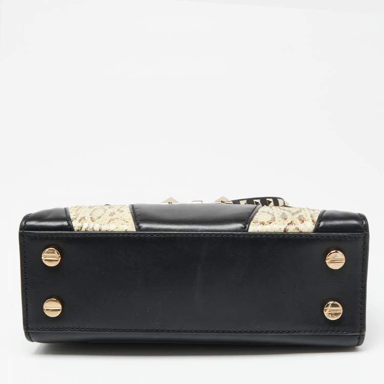 Pre Owned Valentino Black/Beige Leather and Water Snakeskin Flap Top Handle Bag