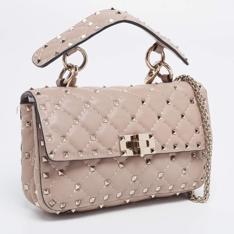 Pre Owned Valentino Poudre Quilted Leather Small Rockstud Spike Chain Top Handle Bag