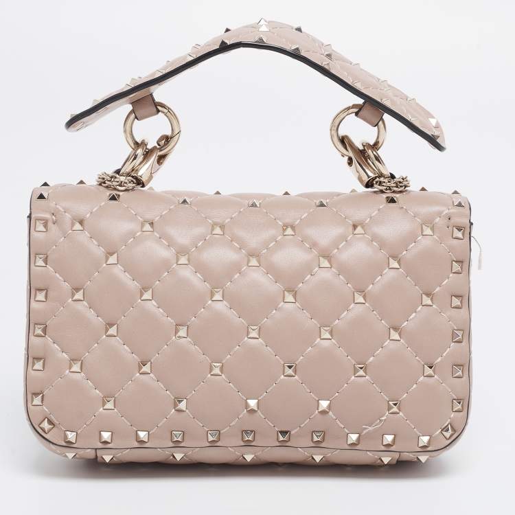 Pre Owned Valentino Poudre Quilted Leather Small Rockstud Spike Chain Top Handle Bag