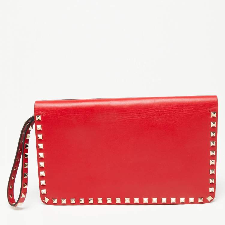 Pre Owned Valentino Red Leather Rockstud Wristlet Clutch