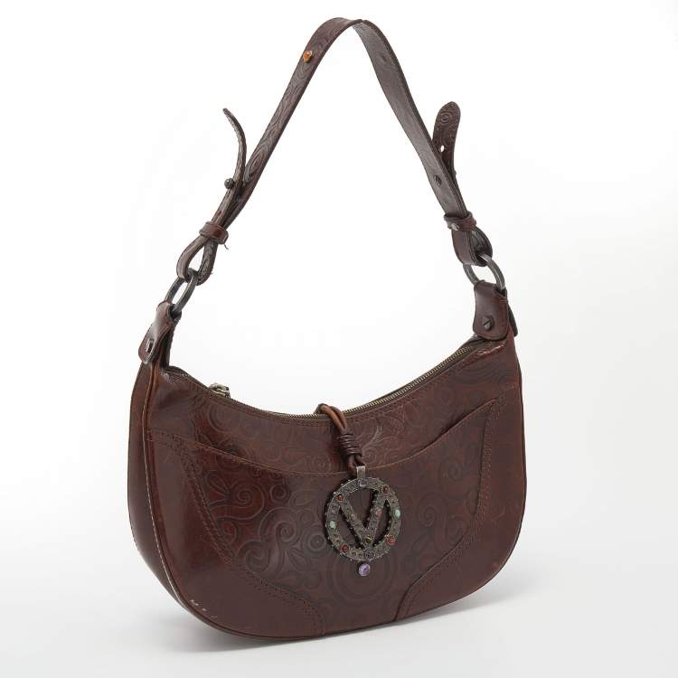 Pre Owned Valentino Brown Leather V Catch Hobo