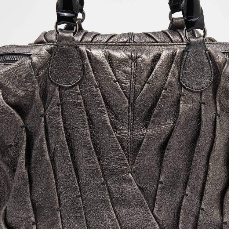 Pre Owned Valentino Metallic Grey Leather Maison Pintucked Shopper Tote