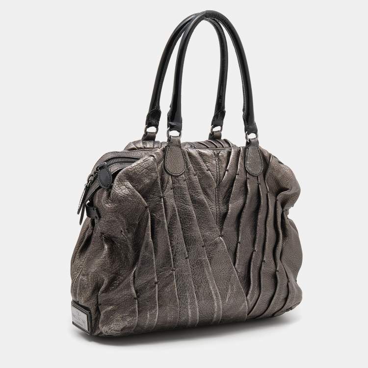 Pre Owned Valentino Metallic Grey Leather Maison Pintucked Shopper Tote