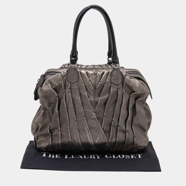 Pre Owned Valentino Metallic Grey Leather Maison Pintucked Shopper Tote