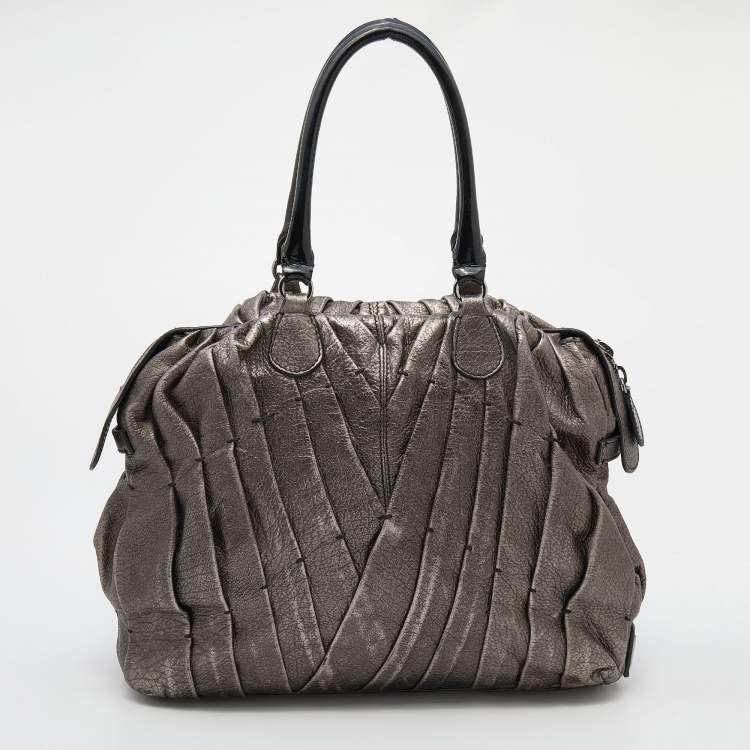 Pre Owned Valentino Metallic Grey Leather Maison Pintucked Shopper Tote