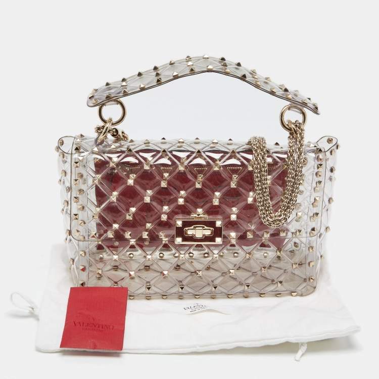 Pre Owned  Valentino Clear/Red PVC Medium Rockstud Spike Top Handle Bag