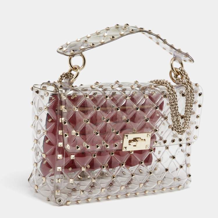 Pre Owned  Valentino Clear/Red PVC Medium Rockstud Spike Top Handle Bag