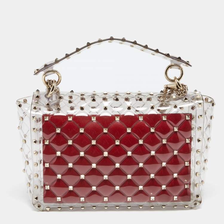 Pre Owned  Valentino Clear/Red PVC Medium Rockstud Spike Top Handle Bag