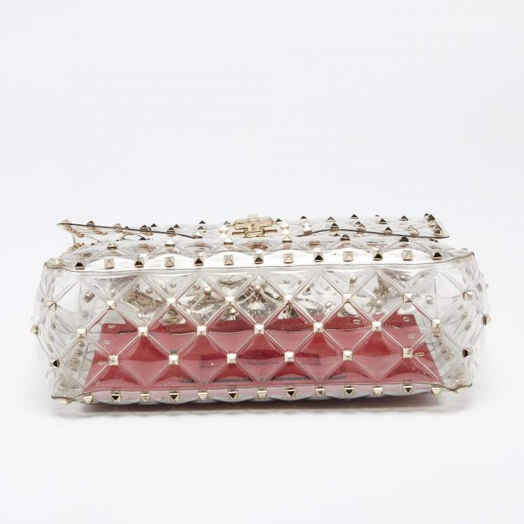 Pre Owned  Valentino Clear/Red PVC Medium Rockstud Spike Top Handle Bag