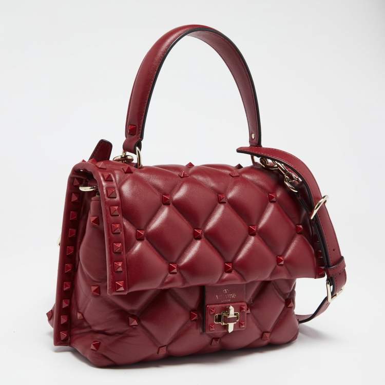 Pre Owned Valentino Red Quilted Leather Medium Candystud Top Handle Bag