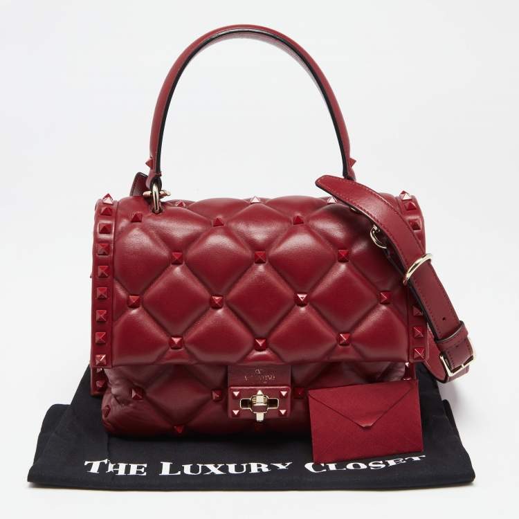 Pre Owned Valentino Red Quilted Leather Medium Candystud Top Handle Bag