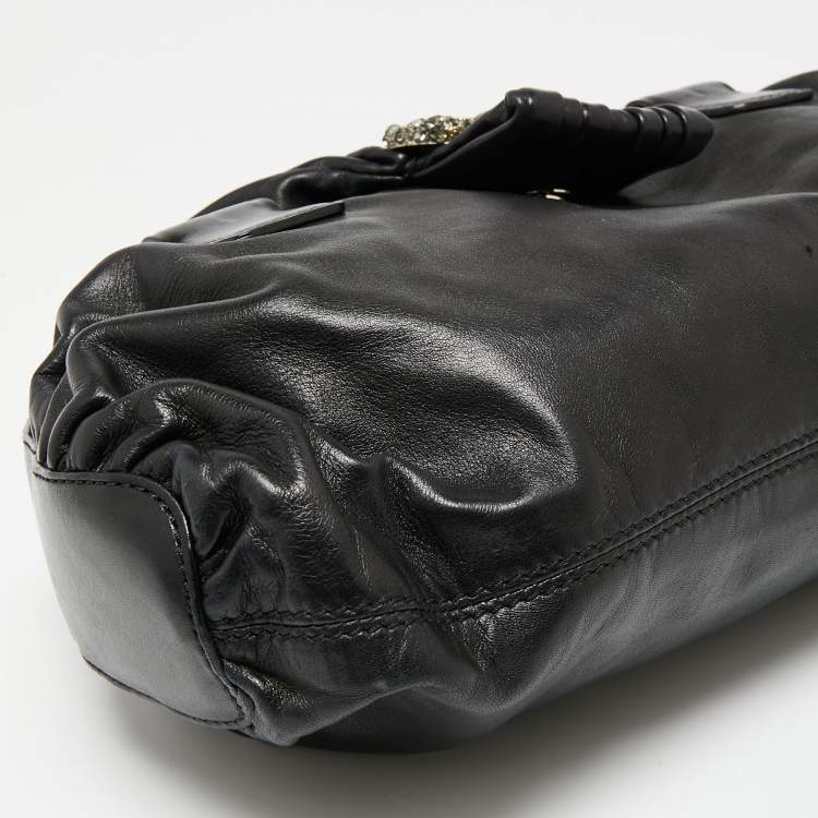 Pre Owned Valentino Black Leather Crystal Embellished Logo Flap Satchel