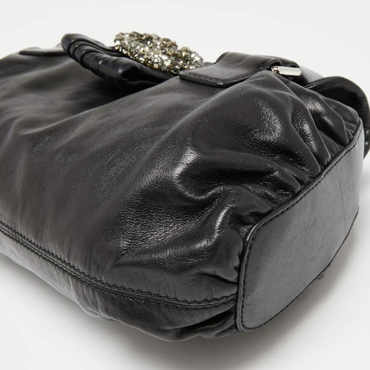 Pre Owned Valentino Black Leather Crystal Embellished Logo Flap Satchel