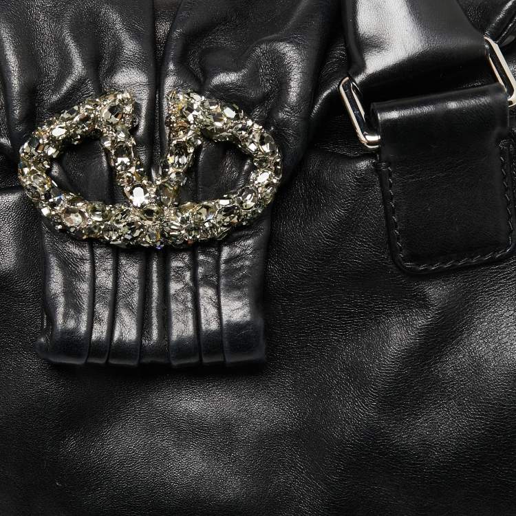 Pre Owned Valentino Black Leather Crystal Embellished Logo Flap Satchel
