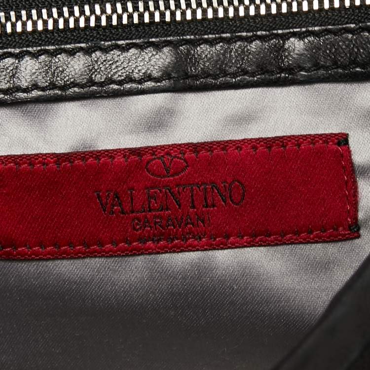 Pre Owned Valentino Black Leather Crystal Embellished Logo Flap Satchel
