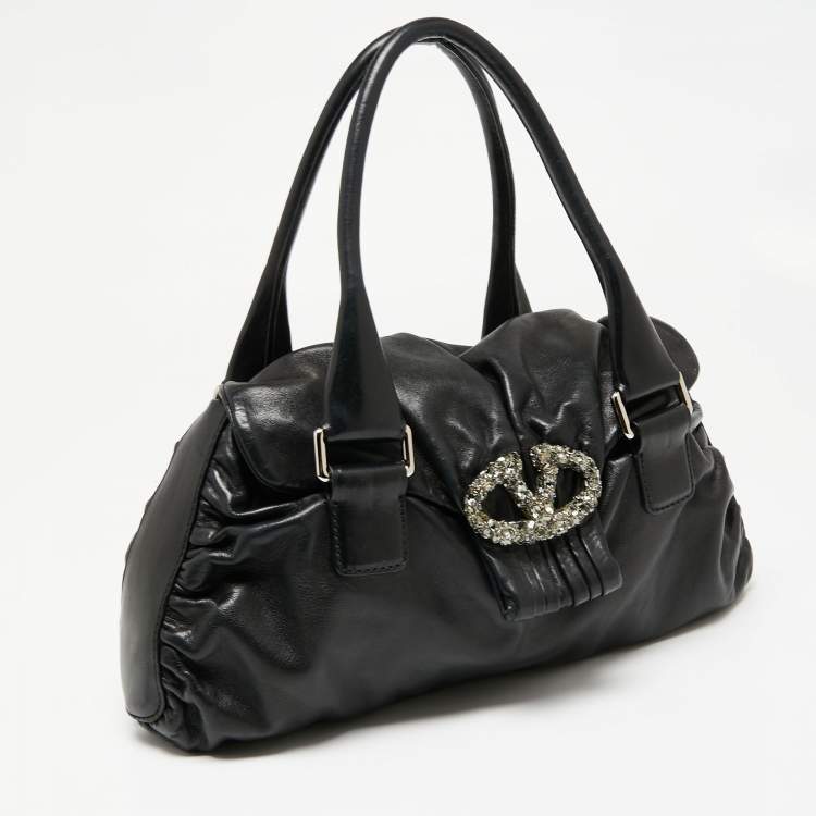 Pre Owned Valentino Black Leather Crystal Embellished Logo Flap Satchel