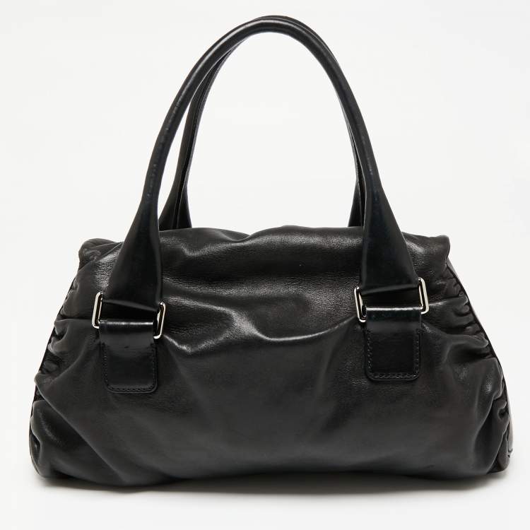 Pre Owned Valentino Black Leather Crystal Embellished Logo Flap Satchel