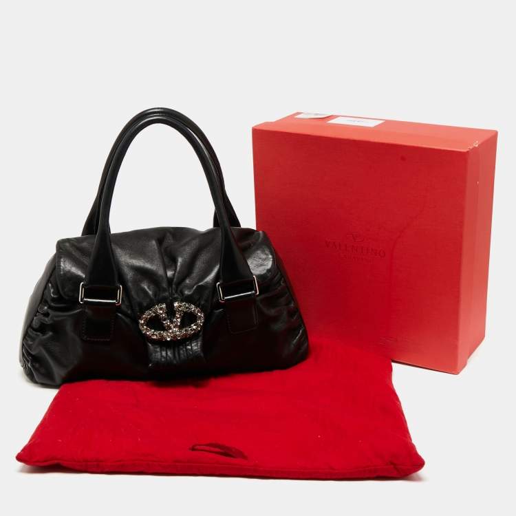 Pre Owned Valentino Black Leather Crystal Embellished Logo Flap Satchel