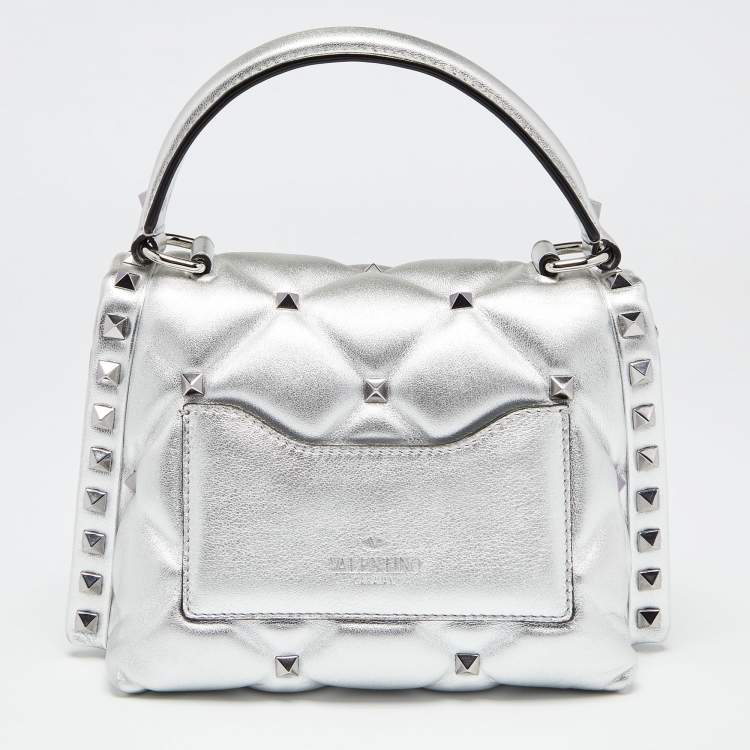 مملوكة مسبقًا Valentino Metallic Silver Quilted Leather Mini Candystud Top Handle Bag