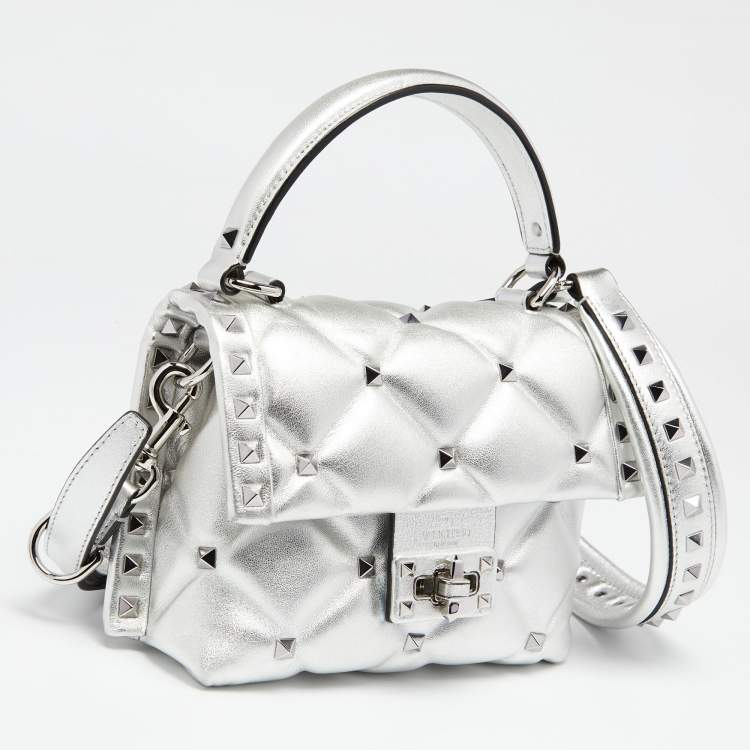 مملوكة مسبقًا Valentino Metallic Silver Quilted Leather Mini Candystud Top Handle Bag