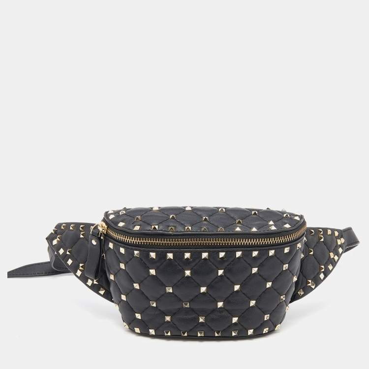 Pre Owned Valentino Black Quilted Leather Rockstud Spike Belt Bag