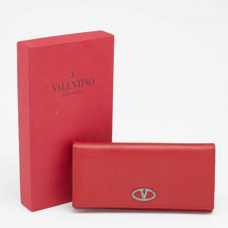 Pre Owned Valentino Red Leather Crystal V Ring Flap Continental Wallet 