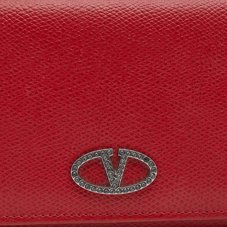 Pre Owned Valentino Red Leather Crystal V Ring Flap Continental Wallet 