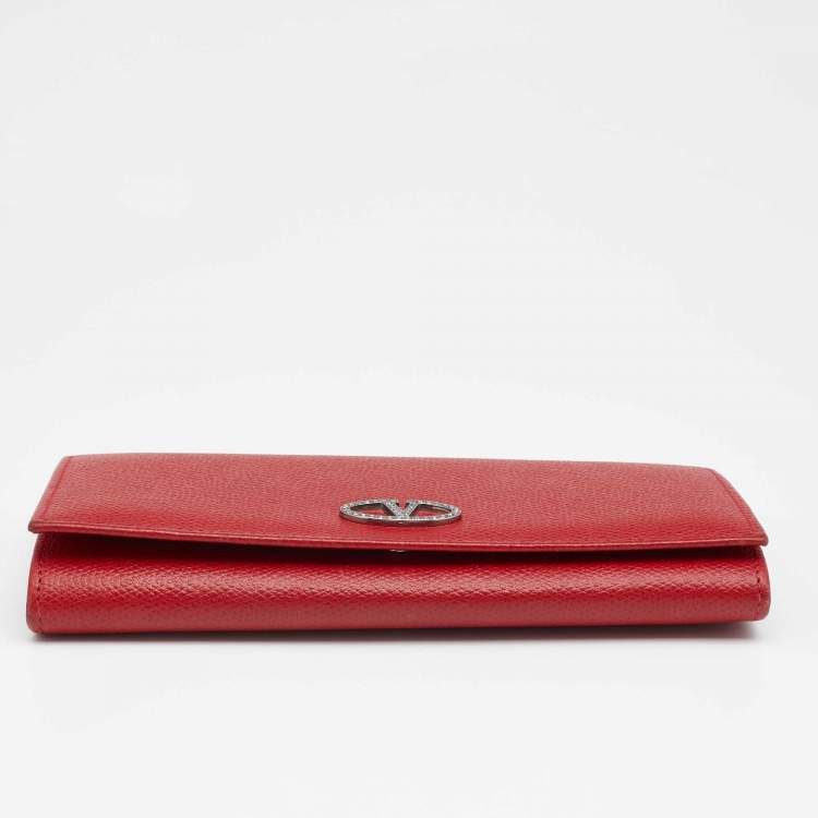Pre Owned Valentino Red Leather Crystal V Ring Flap Continental Wallet 