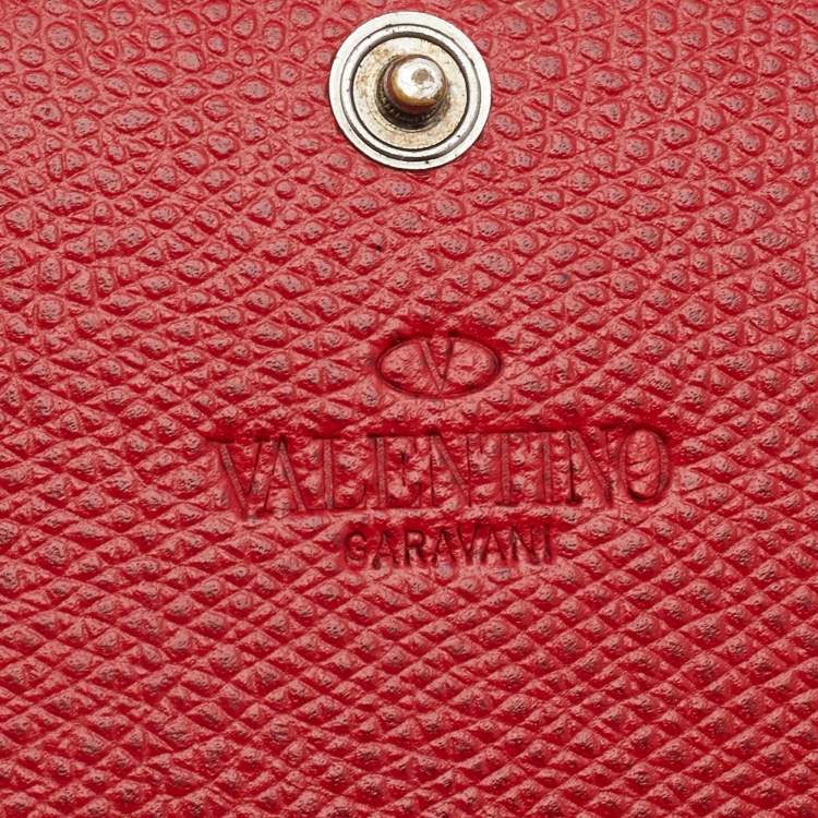 Pre Owned Valentino Red Leather Crystal V Ring Flap Continental Wallet 