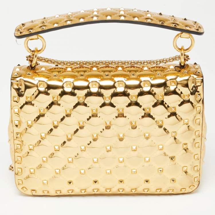 مملوكة مسبقًا Valentino Metallic Gold Patent Leather Medium Rockstud Spike Top Handle Bag