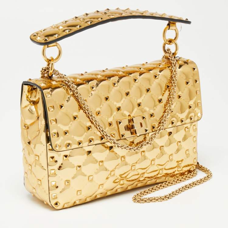 مملوكة مسبقًا Valentino Metallic Gold Patent Leather Medium Rockstud Spike Top Handle Bag