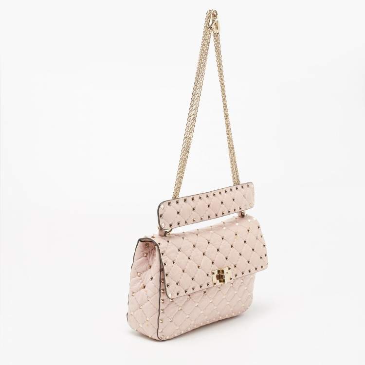 Pre Owned Valentino Pink Quilted Crinkled Leather Medium Rockstud Spike Top Handle Bag