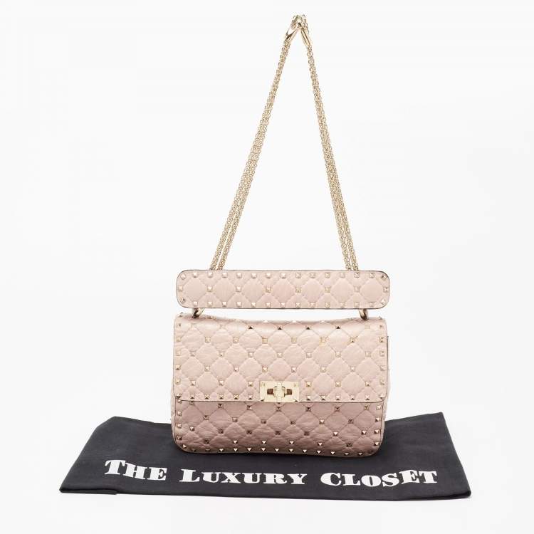 Pre Owned Valentino Pink Quilted Crinkled Leather Medium Rockstud Spike Top Handle Bag