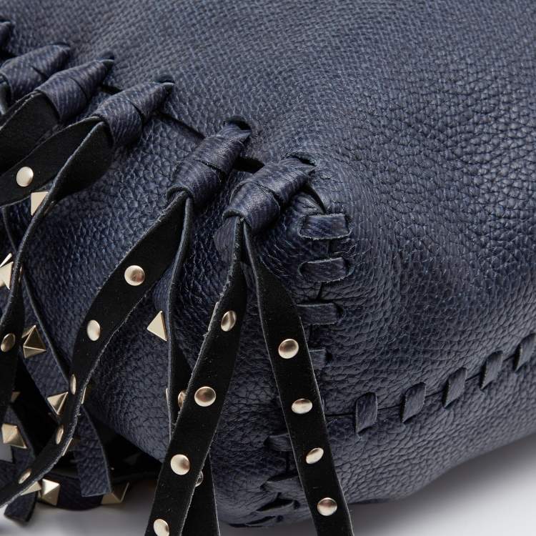 Pre Owned Valentino Blue Leather C-Rockee Fringe Tote