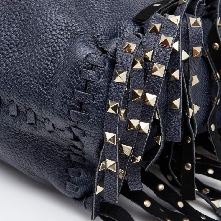 Pre Owned Valentino Blue Leather C-Rockee Fringe Tote