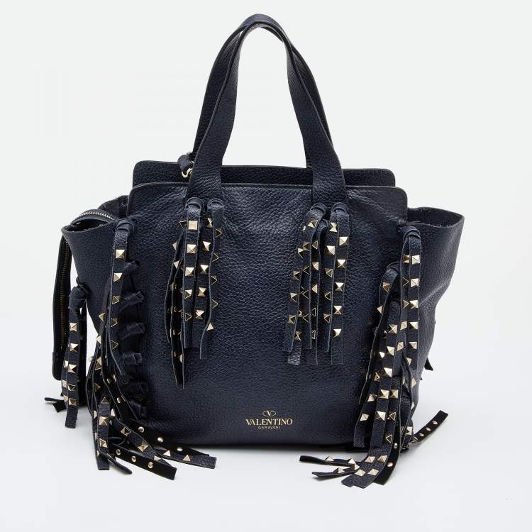 Pre Owned Valentino Blue Leather C-Rockee Fringe Tote