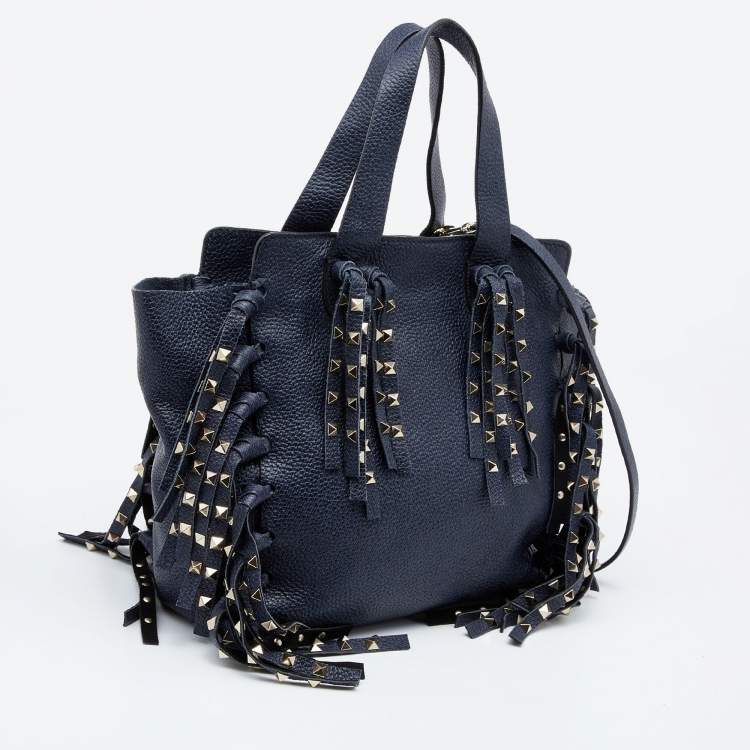 Pre Owned Valentino Blue Leather C-Rockee Fringe Tote