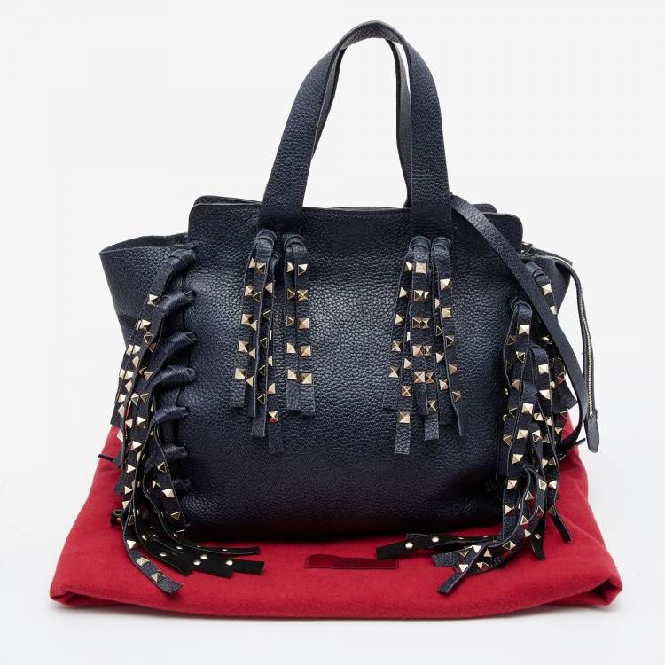 Pre Owned Valentino Blue Leather C-Rockee Fringe Tote