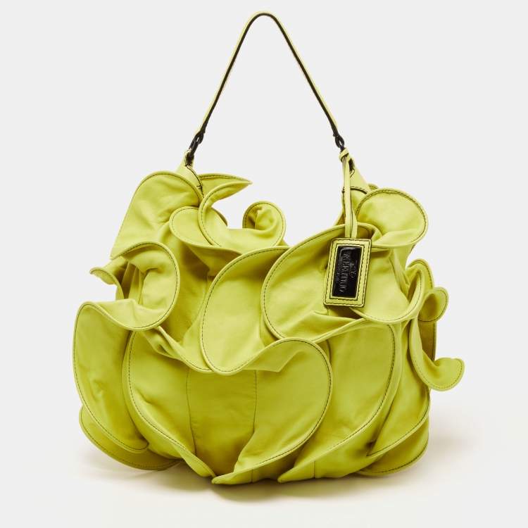 Pre Owned Valentino Lemon Yellow Leather Rouches Ruffle Hobo