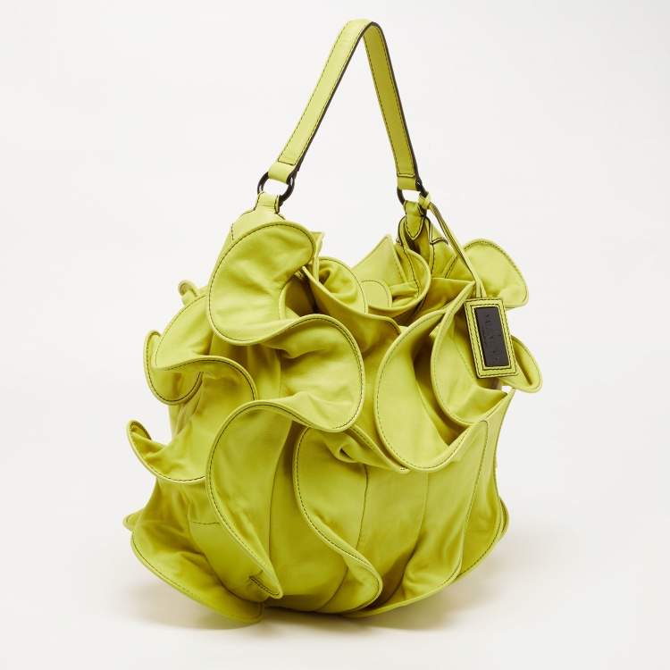 Pre Owned Valentino Lemon Yellow Leather Rouches Ruffle Hobo