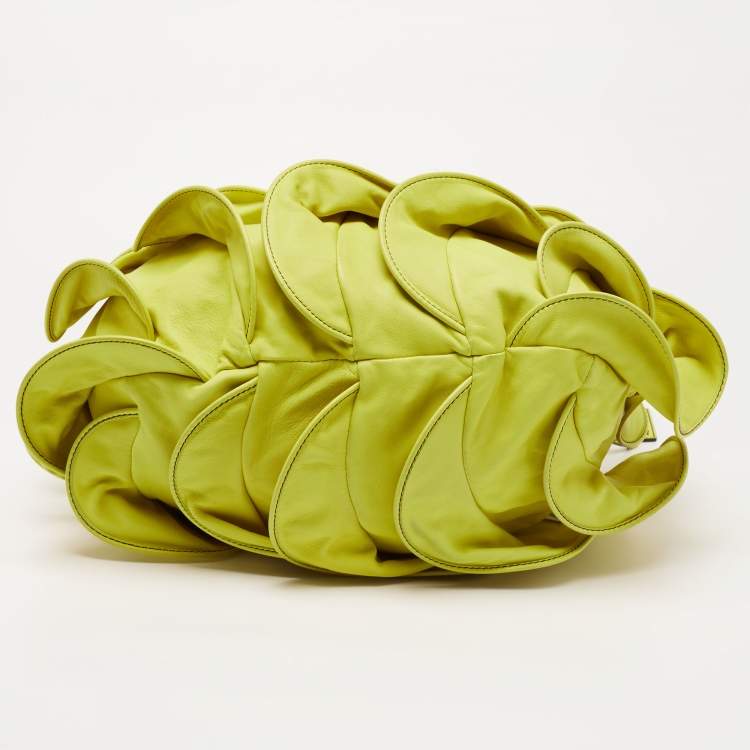 Pre Owned Valentino Lemon Yellow Leather Rouches Ruffle Hobo