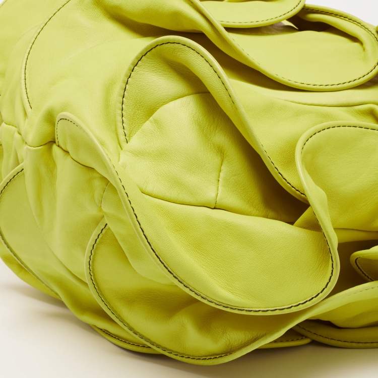 Pre Owned Valentino Lemon Yellow Leather Rouches Ruffle Hobo
