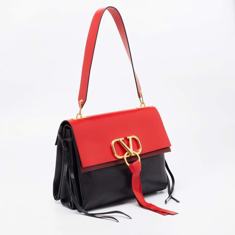 Pre Owned Valentino Black/Red Leather VRing Flap Shoulder Bag
