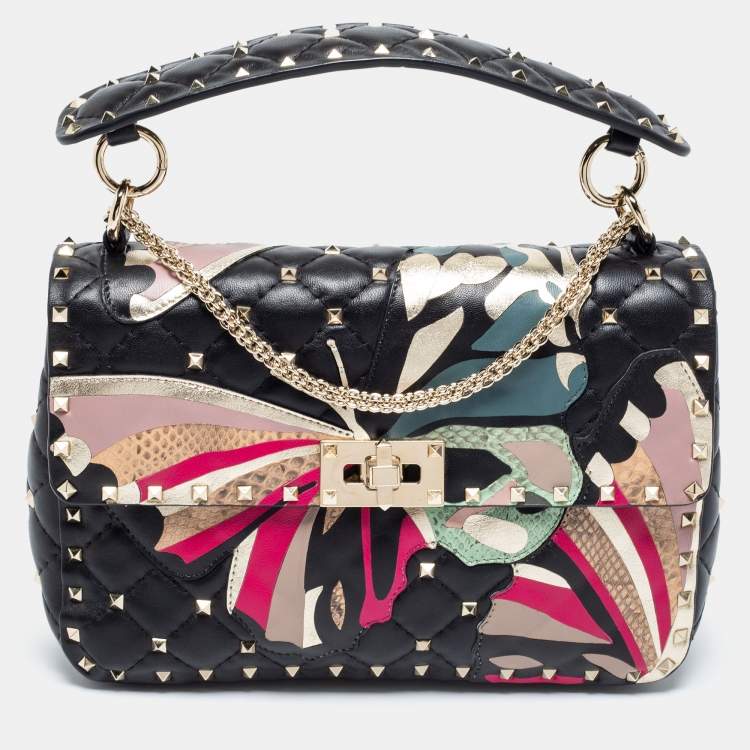 Pre Owned Valentino Black Quilted Leather Medium Butterfly Rockstud Spike Top Handle Bag