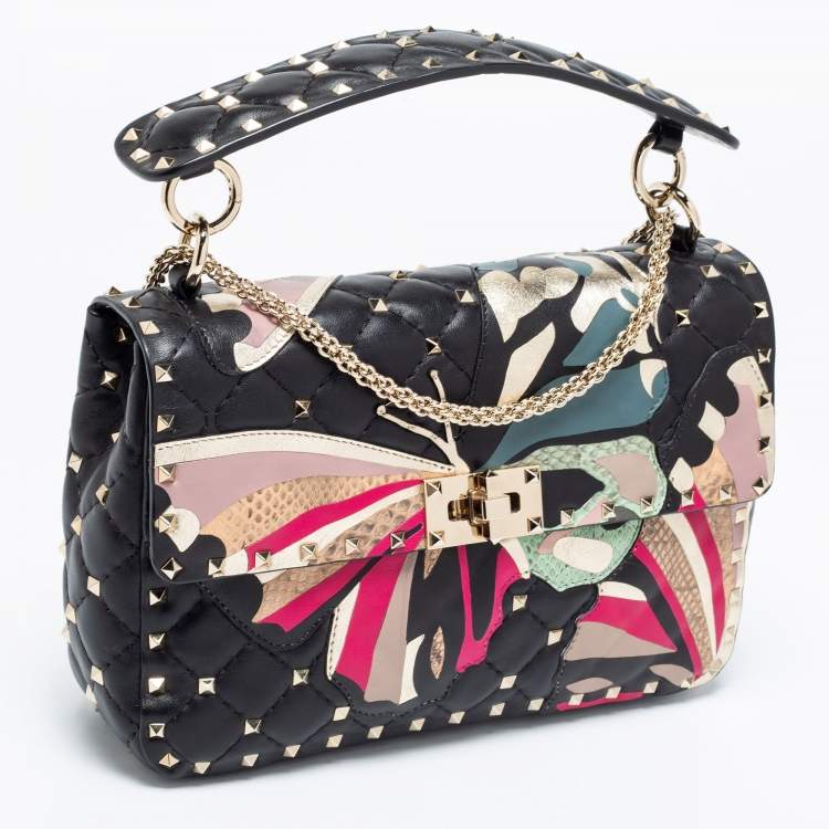 Pre Owned Valentino Black Quilted Leather Medium Butterfly Rockstud Spike Top Handle Bag